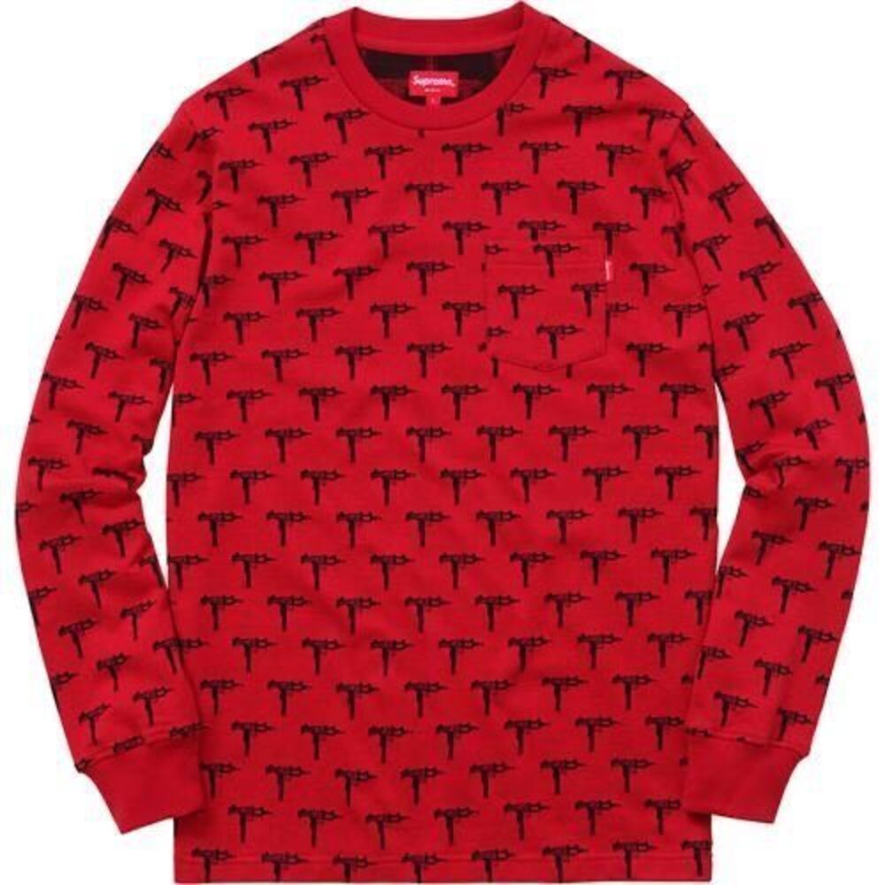 Supreme RARE Jacquard Uzi Red & Black Long Sleeve Pocket Tee Shirt Men’s Small